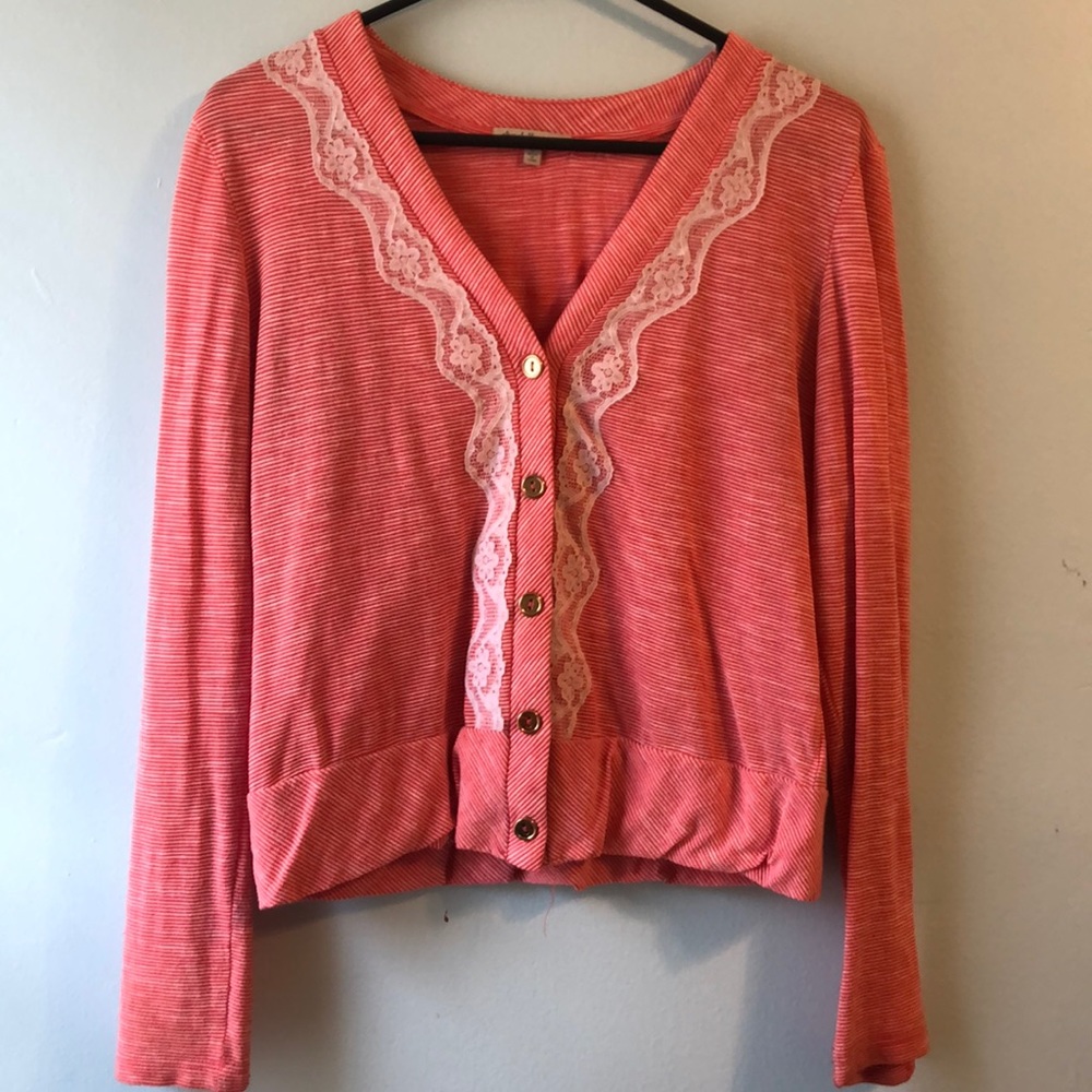 red-orange and white striped cardigan
